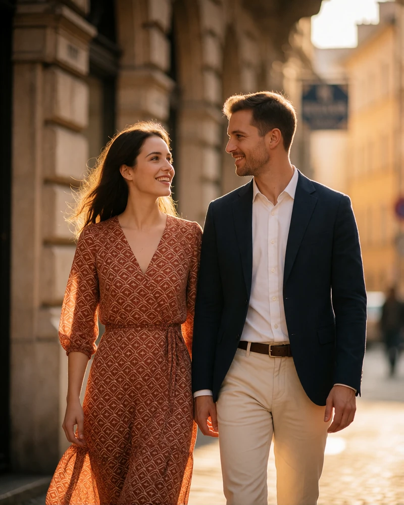 Couple in warm evening light walking a European city street and smiling at each other