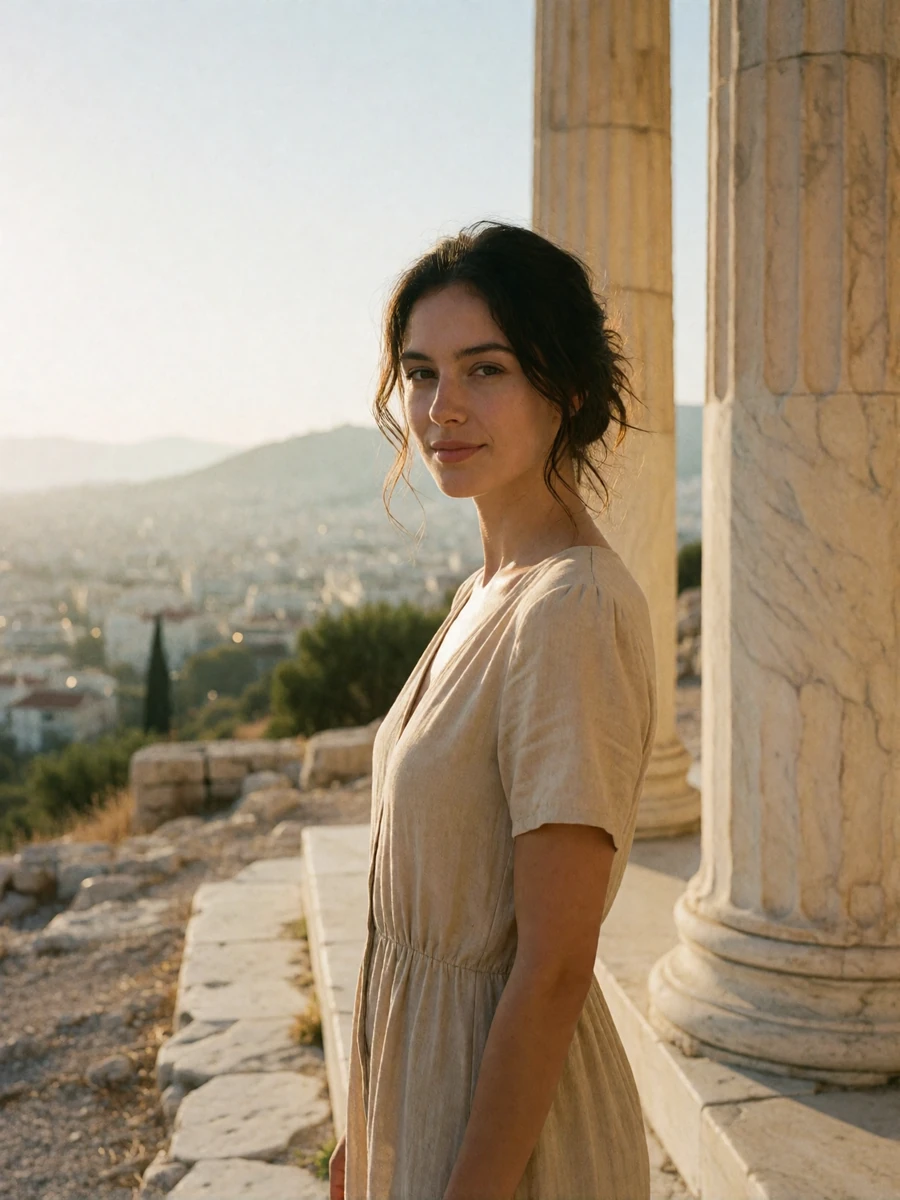 Greek woman standing near weathered marble columns on a sunlit hillside