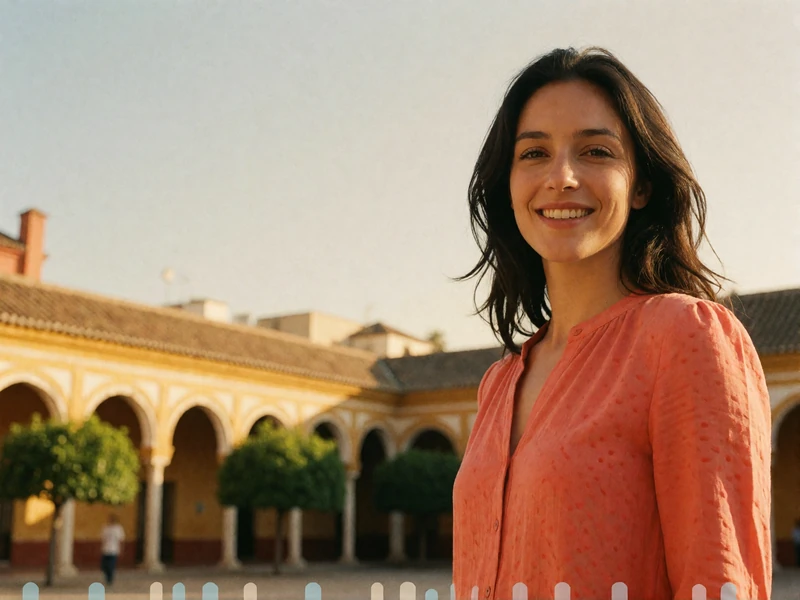 Spanish woman in a coral blouse smiling in a sunlit plaza in Spain