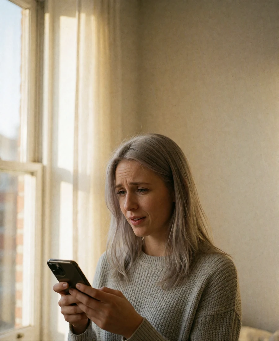Woman with ash-blonde hair standing near a bright window, rereading a message on her phone with a puzzled half-smile