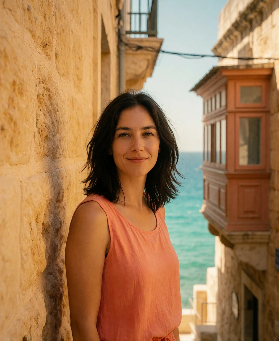 Maltese woman in a coral top smiling beside a honey-coloured limestone wall on a narrow island street
