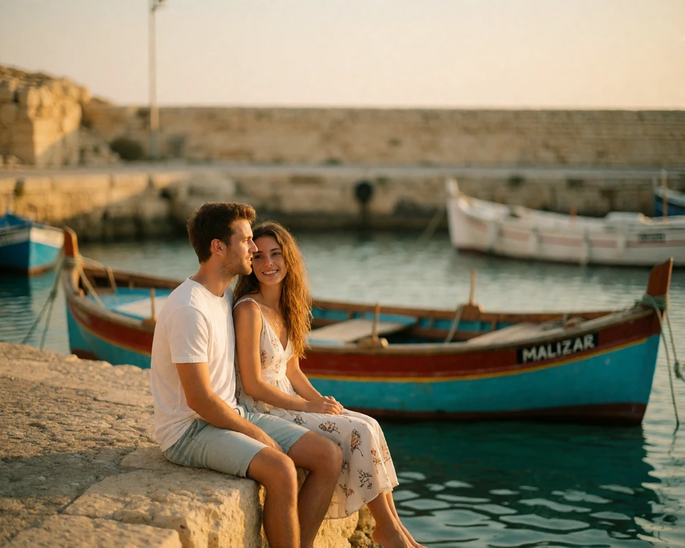 Couple sitting together beside brightly painted fishing boats in a small Maltese harbour